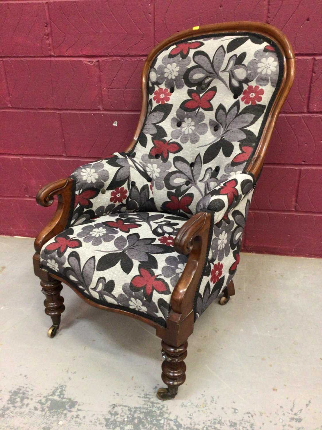 Victorian mahogany spoon back armchair and a late Victorian walnut open armchair