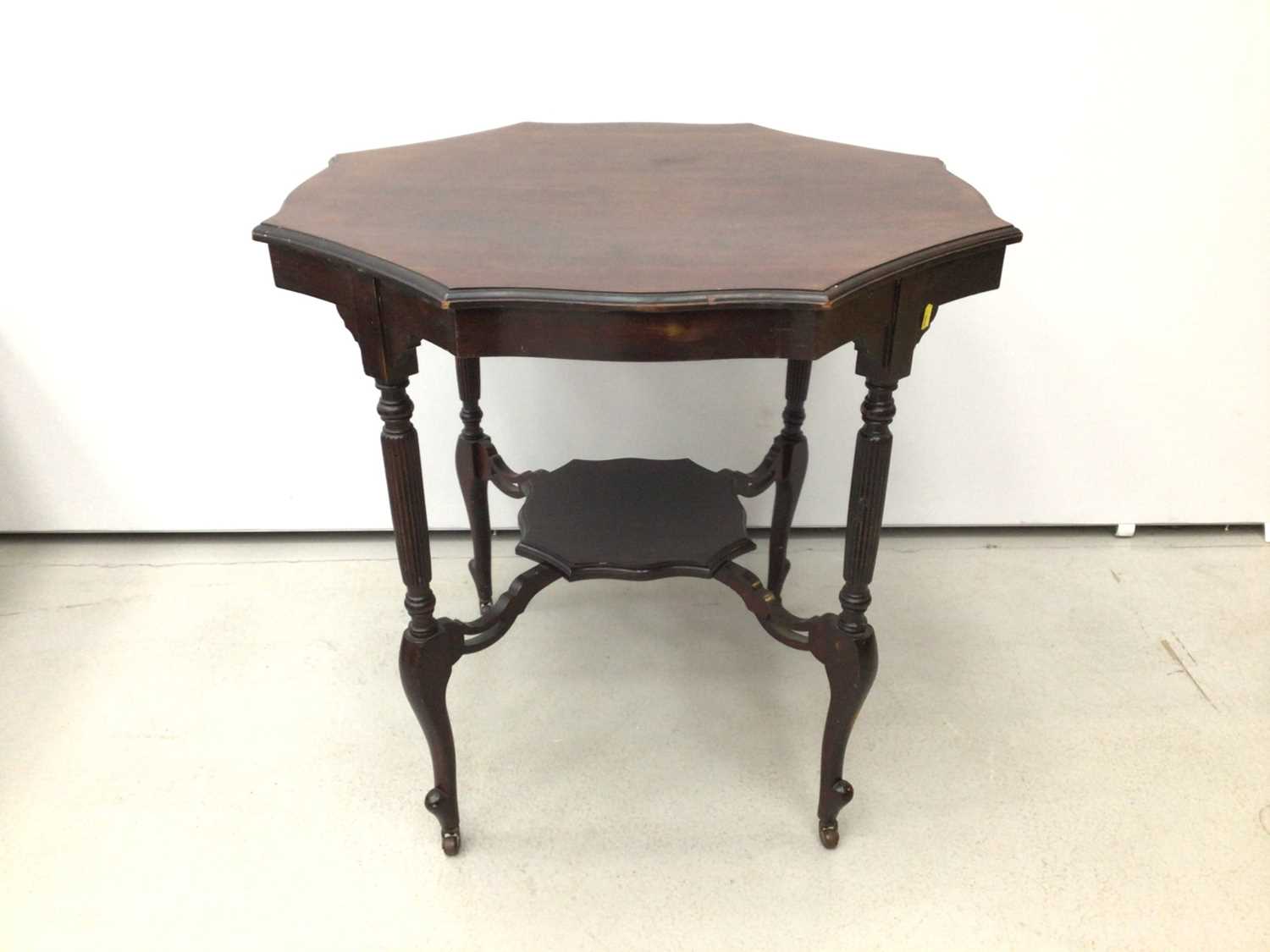 walnut veneered circular coffee table, Edwardian mahogany tow tier table and an oak revolving bookca - Image 2 of 10