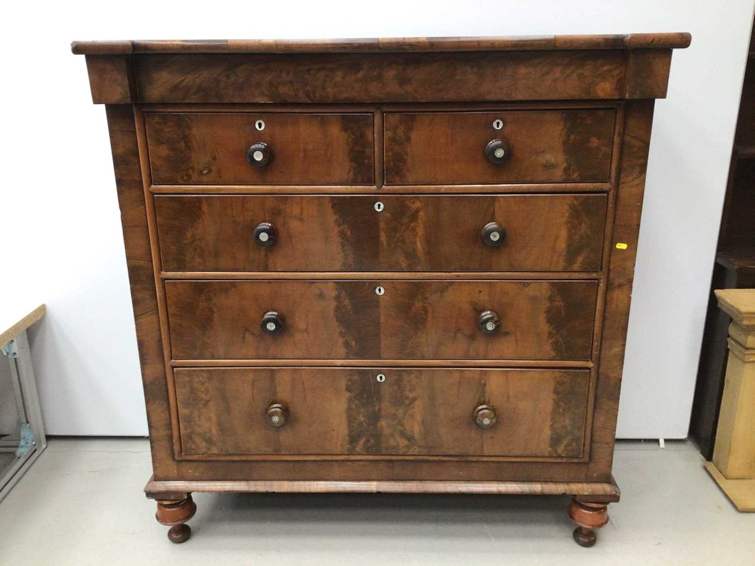 19th century mahogany chest with frieze drawer, two short and three long graduated drawers below on - Image 2 of 7