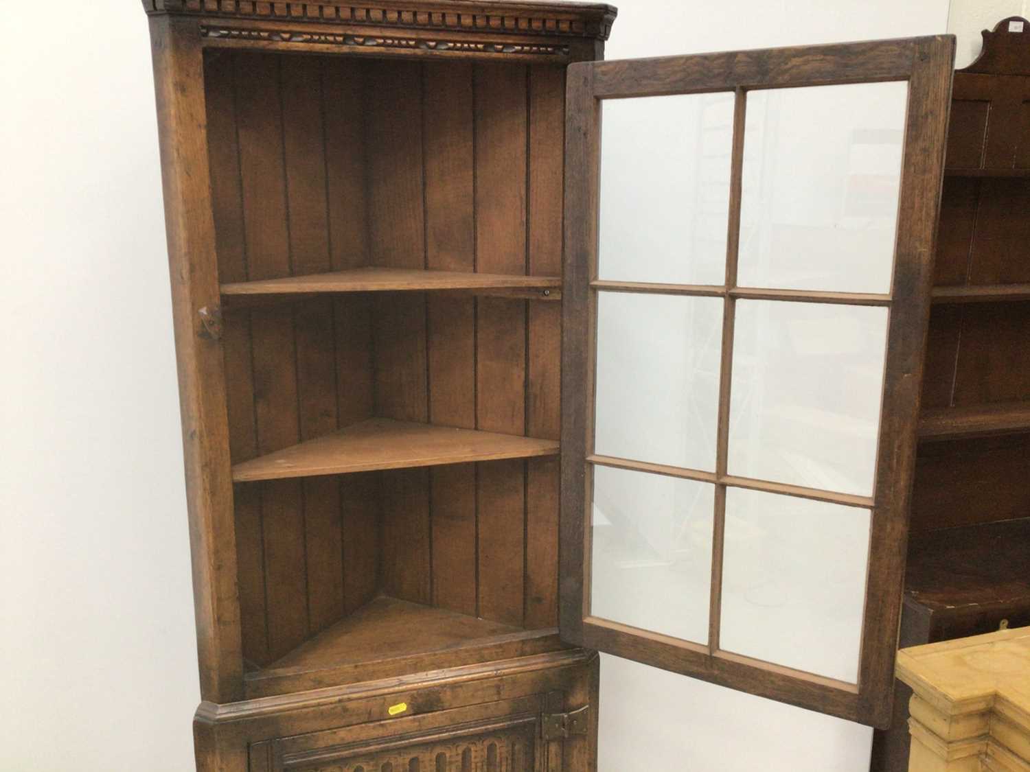 Antique style oak two height corner cupboard with glazed door above and panel door below 61cm wide x - Image 4 of 5