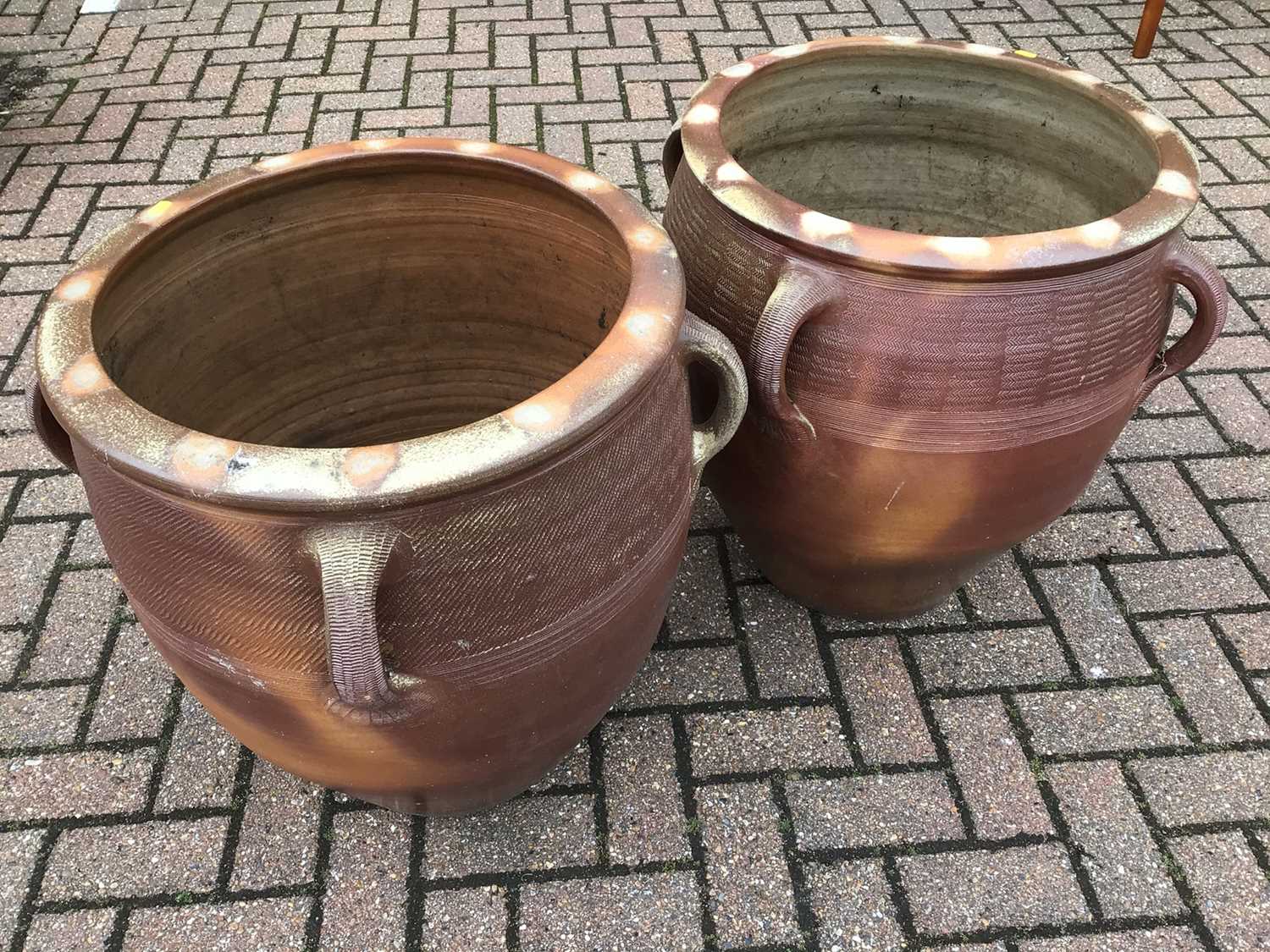 Pair of large salt glazed stoneware garden pots 63cm high x 55cm diameter