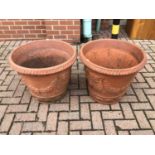 Pair of large terracotta garden urns with wreath decoration 51cm x 58cm