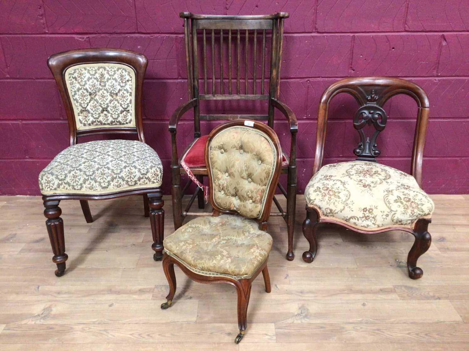Victorian childs chair, together with two Victorian chairs, Mackintosh style stick back chair