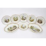 Set of six pearlware plates and two dessert dishes c.1800, decorated with rural scenes and gilt bord