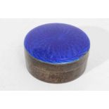 1920s silver box of circular form, with slip on blue guilloché enamel cover,