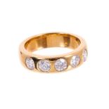 Gentlemen's diamond five stone ring with five brilliant cut diamonds in 18ct yellow gold gypsy style