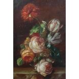 Late 18th century French School, oil on panel, A still life of flowers and a butterfly on a marble l