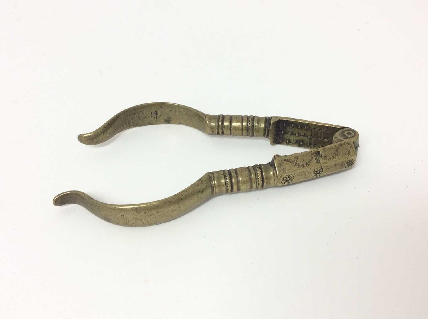 Pair of 18th century brass nut crackers together with a walnut Brighton bun collapsible pair of cand - Image 2 of 6
