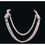 Art Deco style diamond and cultured pearl necklace with three strings of graduated cultured pearls m