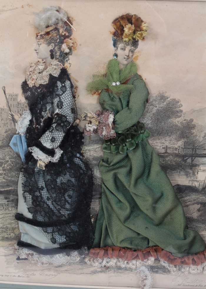 Pair of 19th century fashion prints embellished with fabrics - Image 5 of 10