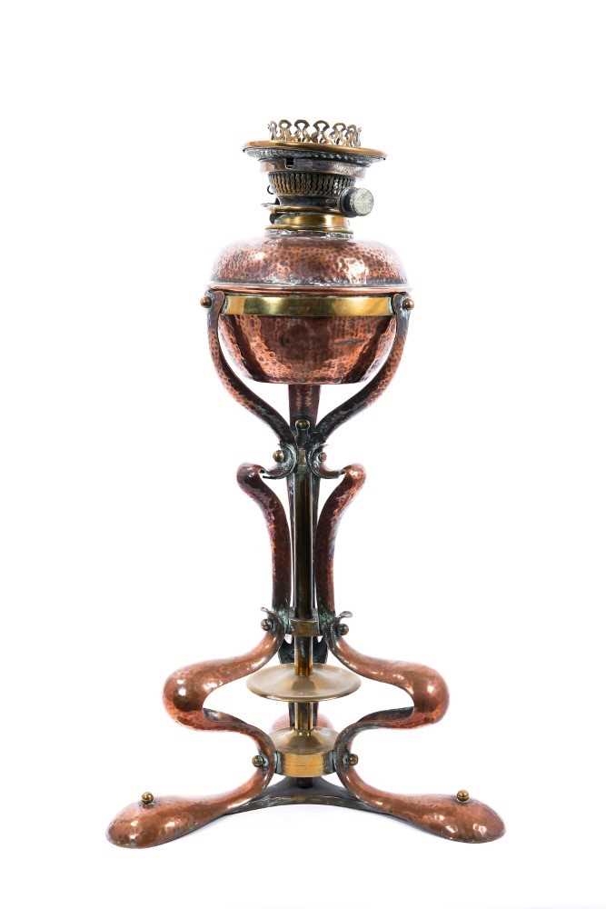 Arts and crafts copper lamp in the manner of Benson