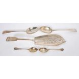 Pair George III silver tablespoons,William IV fish slice and two 1920s teaspoons