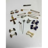 Group of antique and later stick pins, tie pins and cufflinks to include an Art Deco white gold diam