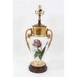 Paris porcelain twin-handled vase, c.1820-30, painted with a tulip, now converted to a lamp, total h