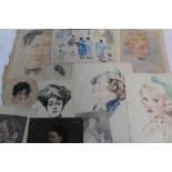 Collection of stylish 1920s and 30s watercolour and pastel portraits of young ladies, other portrait