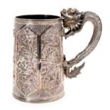 19th century Chinese export silver mug of tapering cylindrical form, dragon form handle,