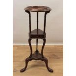 George III style mahogany shaving stand, with dished top tier and middle triangular tier with drawer