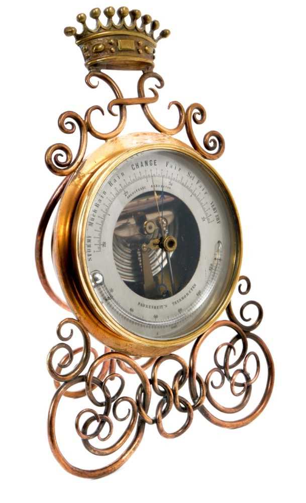 Late 19th century French Holosteric Barometer with silvered dial in ornate brass stand with Viscount