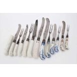 Collection of 18th and early 19th century porcelain handled knives and forks, including moulded and