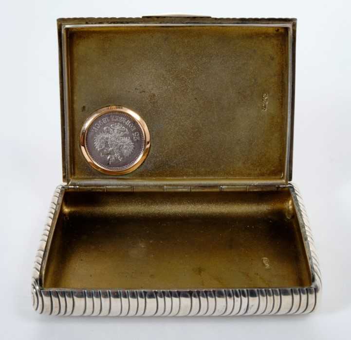 Fine Imperial Russian silver cigarette case with inset 25 Rubel coin dated 1896 with gold framed mou - Image 2 of 6