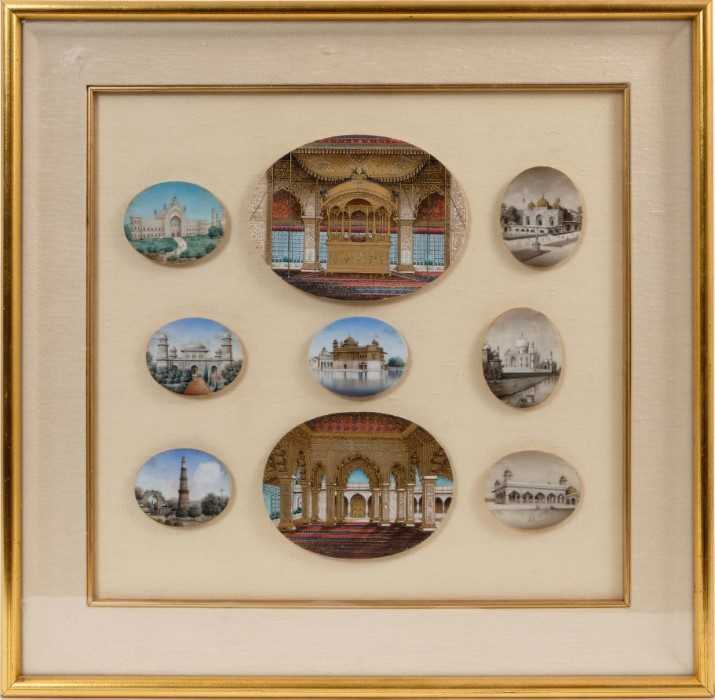 Fine collection of 19th century Indian miniatures on ivory depicting Palaces, framed as one m