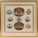 Fine collection of 19th century Indian miniatures on ivory depicting Palaces, framed as one m