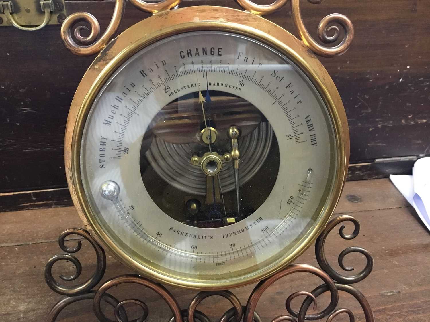 Late 19th century French Holosteric Barometer with silvered dial in ornate brass stand with Viscount - Image 4 of 6