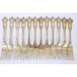 Twelve late 19th/early20th century German Silver-Gilt Dessert Forks, Rococo pattern, from the Royal