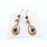 Pair Edwardian gold seed pearl and amethyst drop earrings