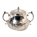 George V silver Porringer and cover of cauldron form with chased floral and foliate decoration