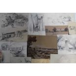 Collection of early 19th century pencil and chalk sketches including works possibly by Samuel Prout,