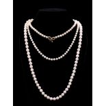 Three single stand cultured pearl necklaces, one with a string of 8mm cultured pearl with a diamond