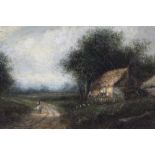 Manner of Patrick Nasmyth, 19th century oil on panel - figure in a lane beside a thatched cottage, s