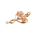 Good quality Edwardian Art Nouveau 15ct gold enamel and seed pearl pendant, the two flower heads wit