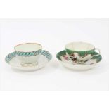 Worcester green ground cup and saucer, circa 1772, and a Worcester turquoise bordered tea bowl and s