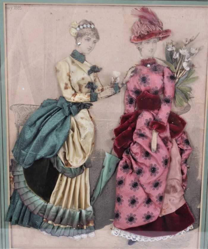 Pair of 19th century fashion prints embellished with fabrics - Image 2 of 10