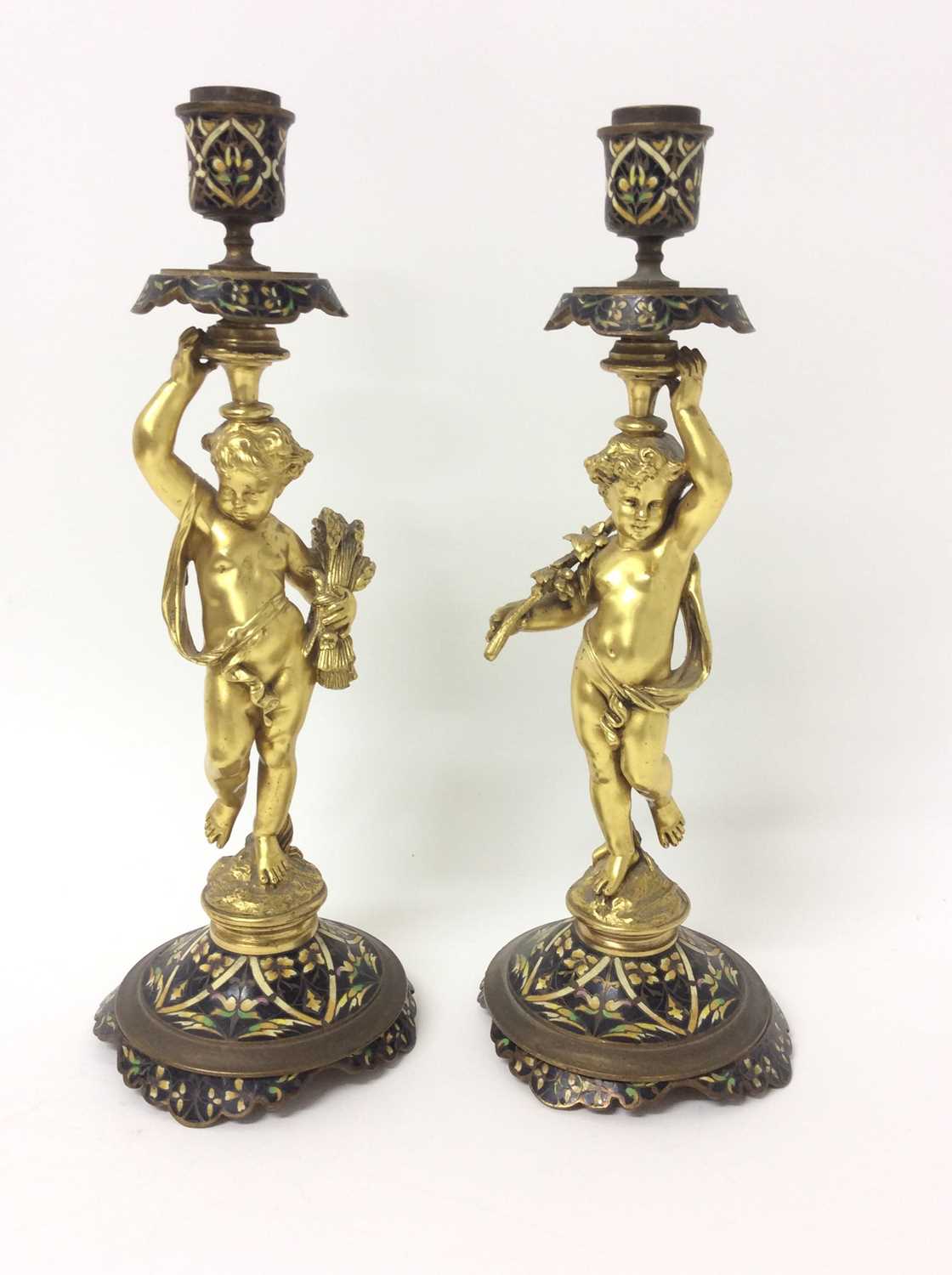 Pair 19th century French ormolu and champlevé enamel candlesticks