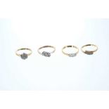 Diamond three stone ring in 18ct gold setting and three 9ct diamond rings in illusion setting