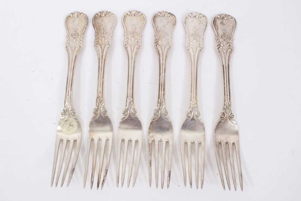 Six mid 19th Century German Silver Dinner Forks, Modified Kings pattern with fluted stems and foliat