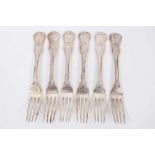 Six mid 19th Century German Silver Dinner Forks, Modified Kings pattern with fluted stems and foliat