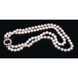 Cultured pearl two strand necklace with two strings of cultured pearl of grey and pale pink tones me