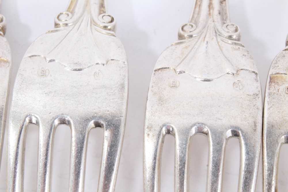 Six mid 19th Century German Silver Dinner Forks, Modified Kings pattern with fluted stems and foliat - Image 8 of 9