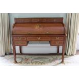 Good quality 20th century Dutch cylinder bureau, the top with three-quarter pierced brass gallery ov