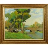 Mid 20th century, Continental School, oil on canvas - Bridge over a River, indistinctly signed, 66cm