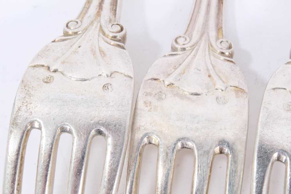Six mid 19th Century German Silver Dinner Forks, Modified Kings pattern with fluted stems and foliat - Image 7 of 9