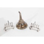 18th century silver wine funnel, together with a pair of miniature toast racks