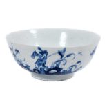 Rare Longton Hall bowl, c.1754-56, the exterior painted in underglaze blue with a 'Long Eliza' type