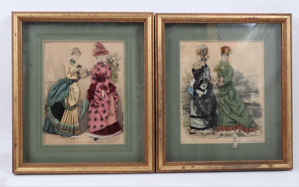 Pair of 19th century fashion prints embellished with fabrics