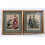 Pair of 19th century fashion prints embellished with fabrics