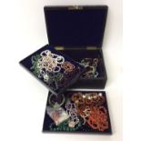 Victorian leather jewel case containing assorted beads, coral and pearls j
